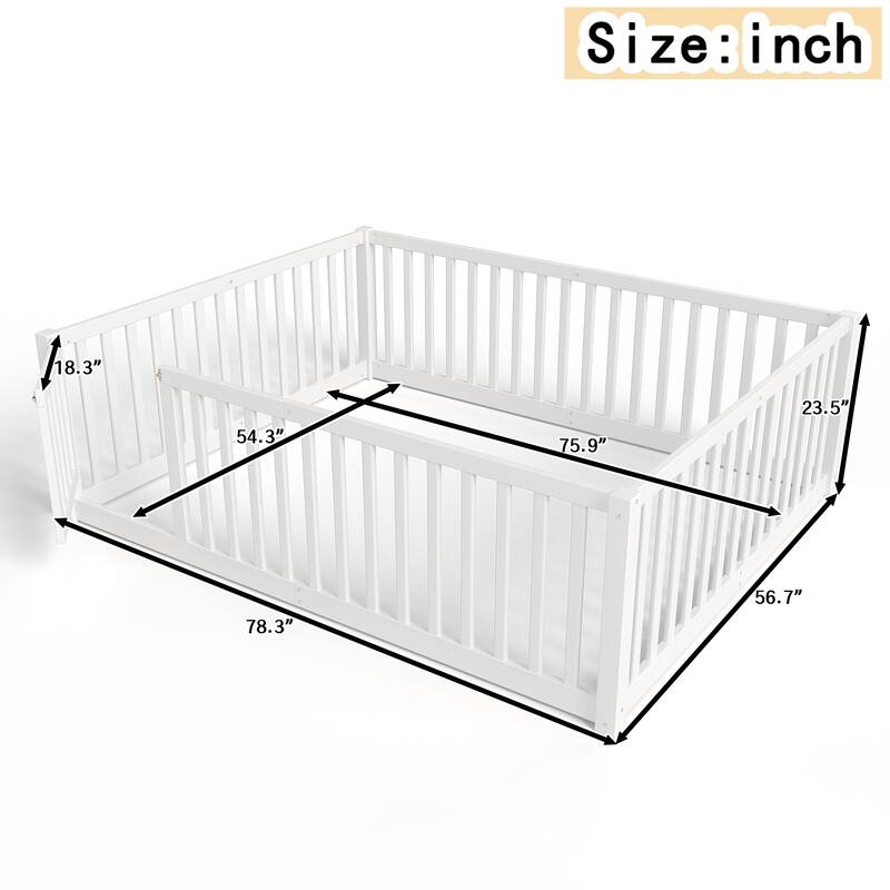 Montessori Floor Bed with Safety Guardrails & Door, Kids Low Profile Frame, Available in Queen/Full/Twin