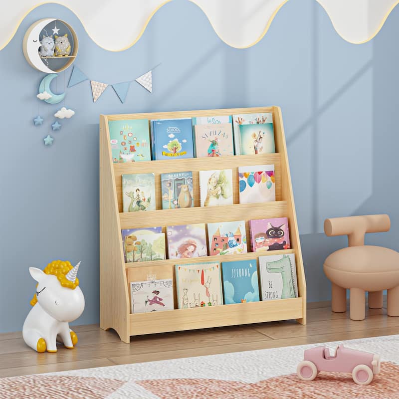 4-Tier Kids Bookshelf, Toddler Book Display Shelves, Helps Keep Bedrooms, Playrooms, and Classrooms Organized,Natural