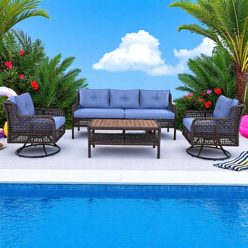 4-Piece Outdoor Patio Furniture Set with 3-Seat Sofa, 2 Swivel Rocking Chairs,PE Rattan Wicker, Removable Cushions and Pillows