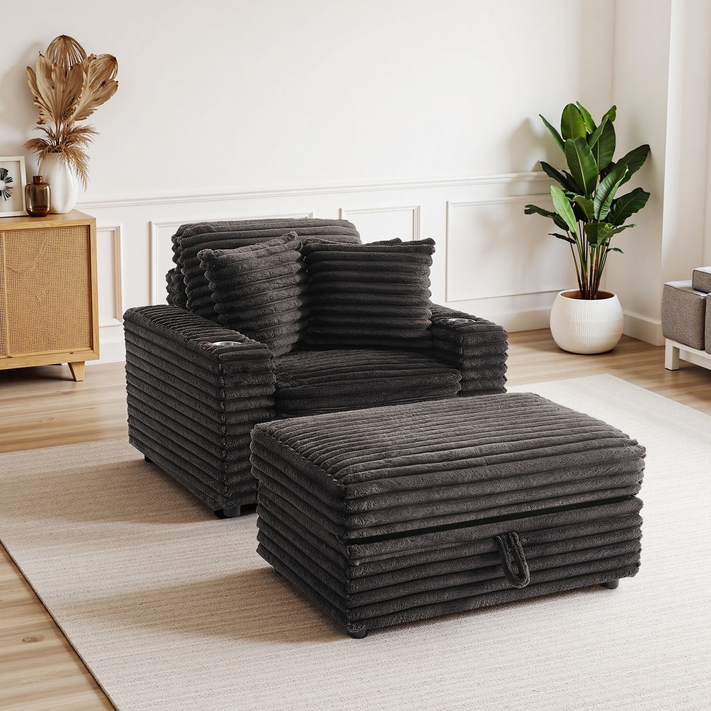 Oversized Cotton Flannel Chaise Longue with Storage Ottoman