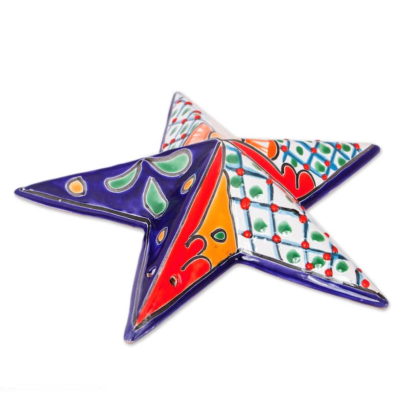 Novica Handmade Talavera Star Ceramic Wall Sculpture