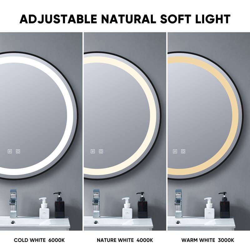 Black Framed 3 Color LED Mirror with Defogger Wall Bath Vanity Mirror