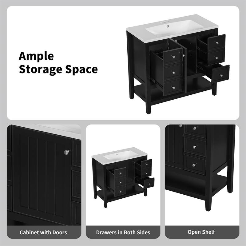 36" Bathroom Storage Wood Vanity Cabinet with Ceramic Sink and Shelf