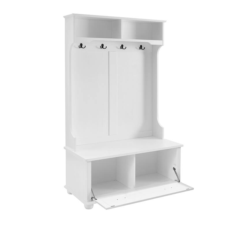 Modern Hall Tree Cosatal Style Entryway Storage Bench With Open Shelves And Shoe Cabinets, Coat Rack Storage Organizer