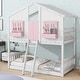 preview thumbnail 1 of 11, Pink+White Twin over Twin Size Wood House Bunk Bed with Roof Pink+White