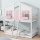 preview thumbnail 1 of 11, Pink+White Twin over Twin Wood House Bunk Bed with Roof and Ladder Pink+White