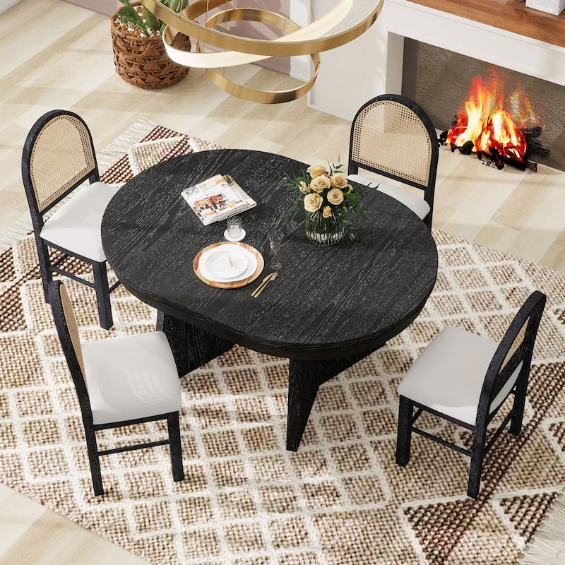 5-Piece Retro Rattan-Back Extendable Round Dining Set with Upholstered Linen Seats by Harper&Bright Designs