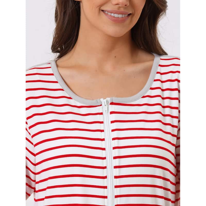 Women's Zip Front Robe 3/4 Sleeve Striped Long Bathrobe House Dress