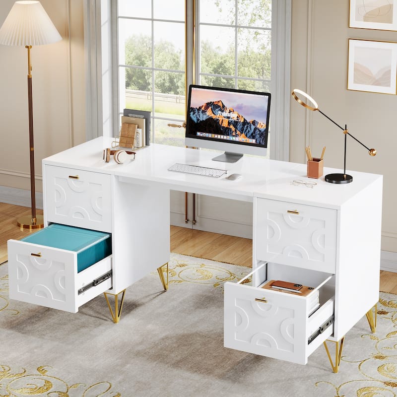 59'' Modern Computer Desk with File Drawers for Home Office - White