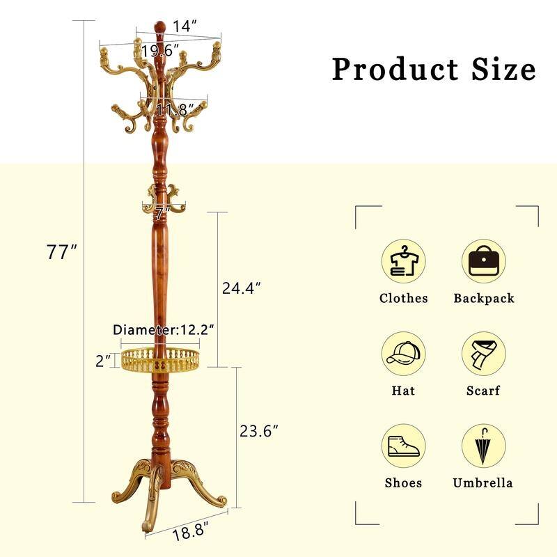 Modern Crabapple Wood Coat Rack with Key Tray & Stainless Steel Base