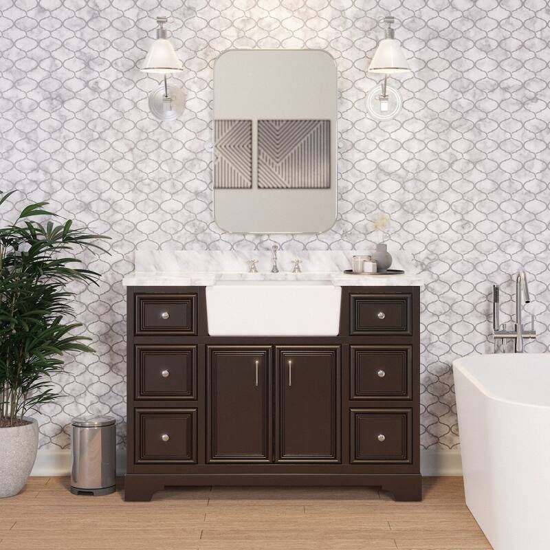KitchenBathCollection Zelda 48" Farmhouse Bathroom Vanity with Carrara Marble Top - Chocolate