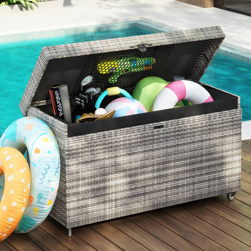 200 Gallon Wicker Deck Box All-Weather Outdoor Storage Box with Wheels Lockable Lid and Water Resistant Storage Bag for Patio - Grey