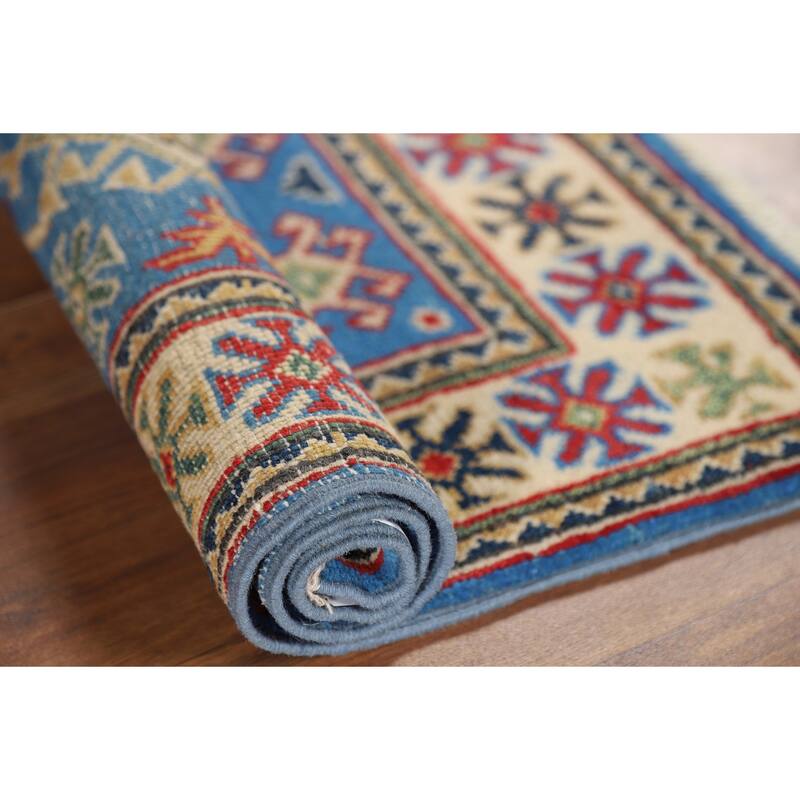 Blue Geometric Kazak Rug Hand-Knotted Oriental Wool Carpet - 2'0" x 2'11"