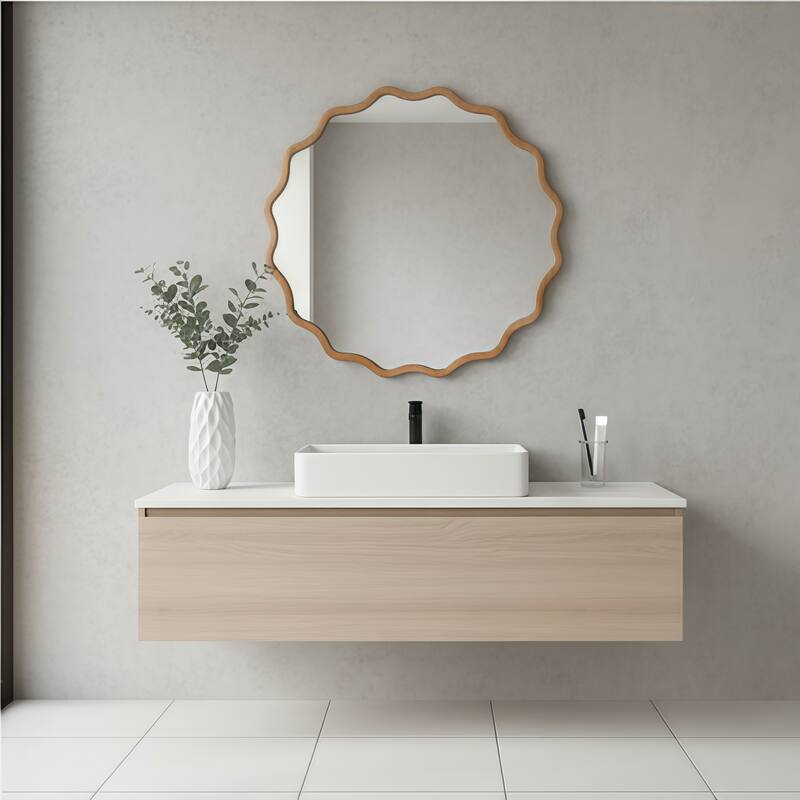 Wavy Round Solid Wood Frame Decorative Mirror Modern Farmhouse Wall Mirror For Bedroom Bathroom Living Room Entryway