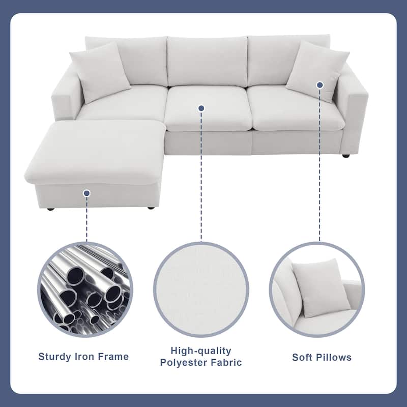 101" L-Shaped Polyester Sectional Sofa with 4-Seat Cloud Couch and Movable Ottoman & Pocket Spring Cushions (300lb Capacity)