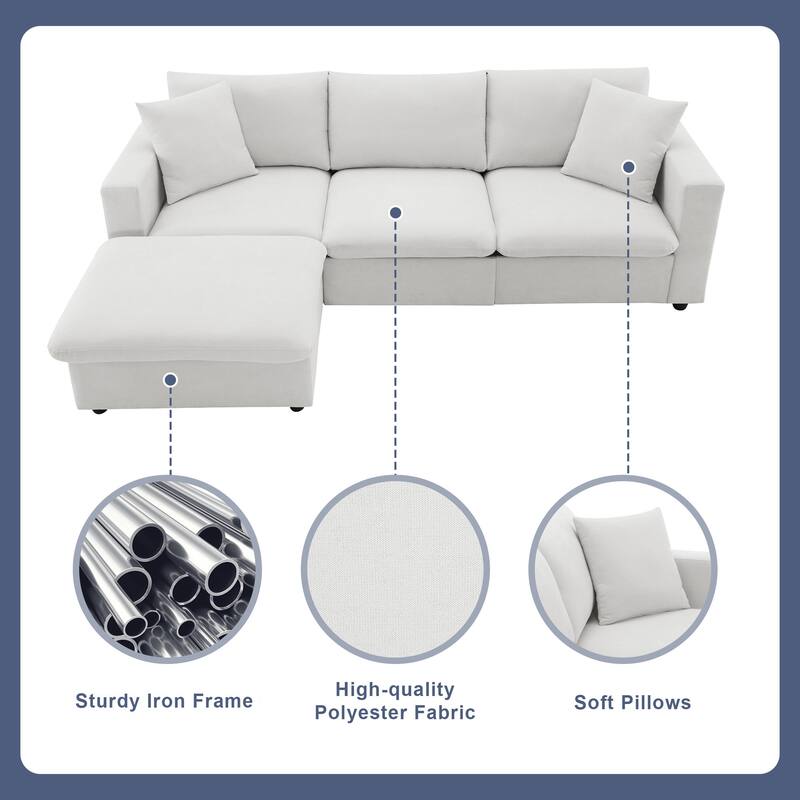 4-Seat Polyester L-Shaped Sectional Sofa with Convertible Ottoman