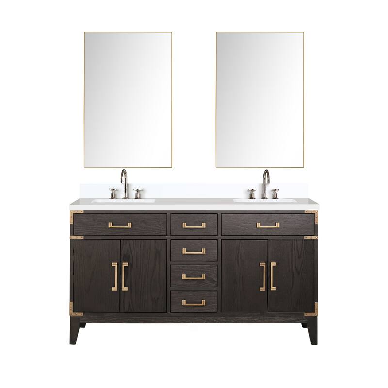 Laurel 60 in W x 22 in D Black Oak Double Bath Vanity, White Quartz Top, Faucet Set, and 28 in Mirrors