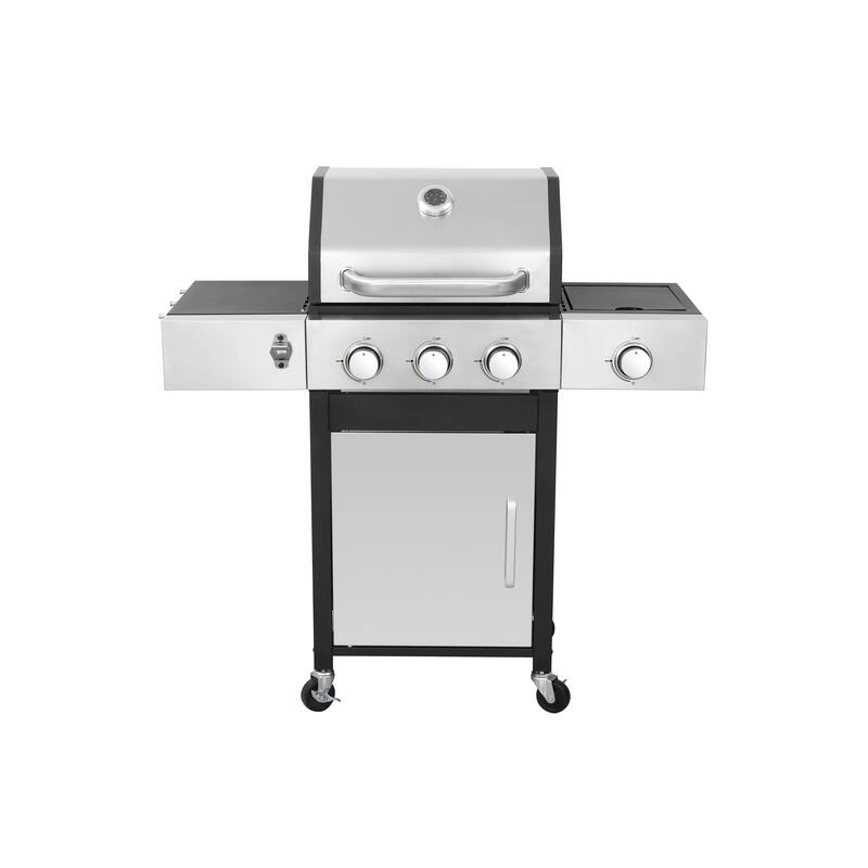 3-Burner Propane Gas BBQ Grill with Side Burner with Enameled Cast Iron Cooking Grids For Outdoor Barbecue, Stainless Steel