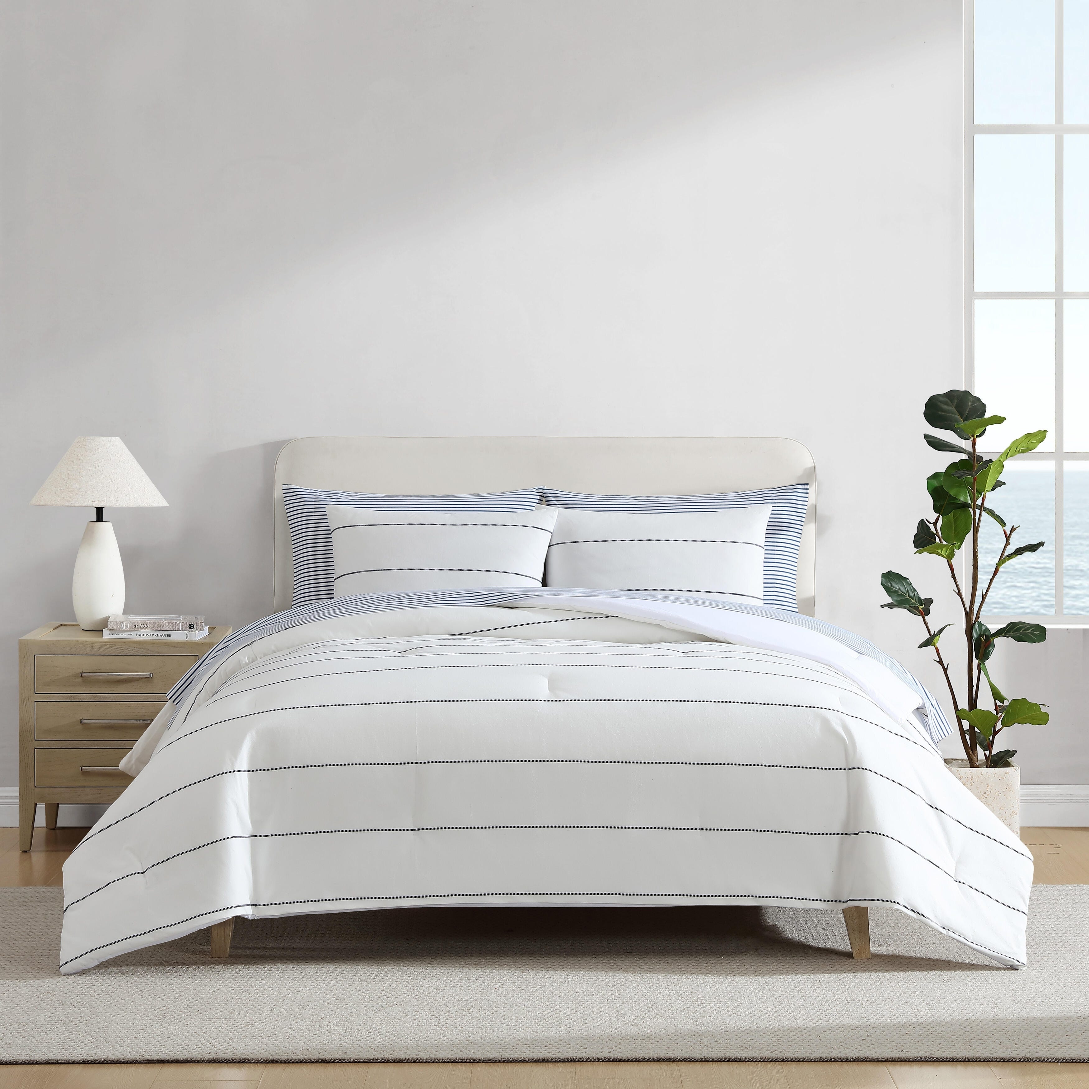 Nautica Naval Stripe Cotton Reversible White Comforter Set
