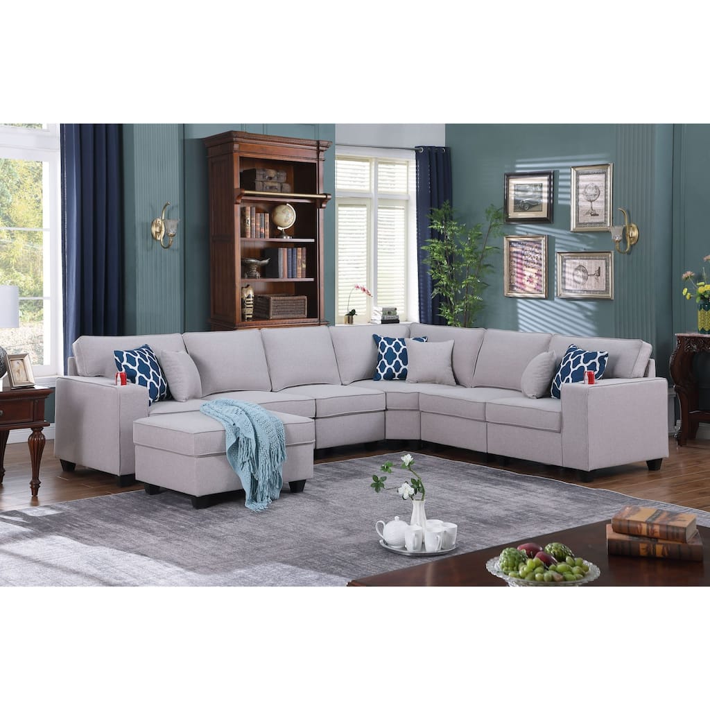 7 Piece Upholstered L-Shape Sectional Sofa with Ottoman in Light Gray