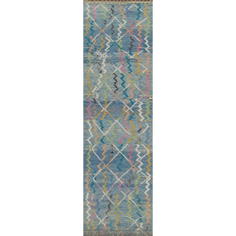 Contemporary Blue Moroccan Runner Rug Hand-Knotted Wool Carpet - 2'10"x 16'1"