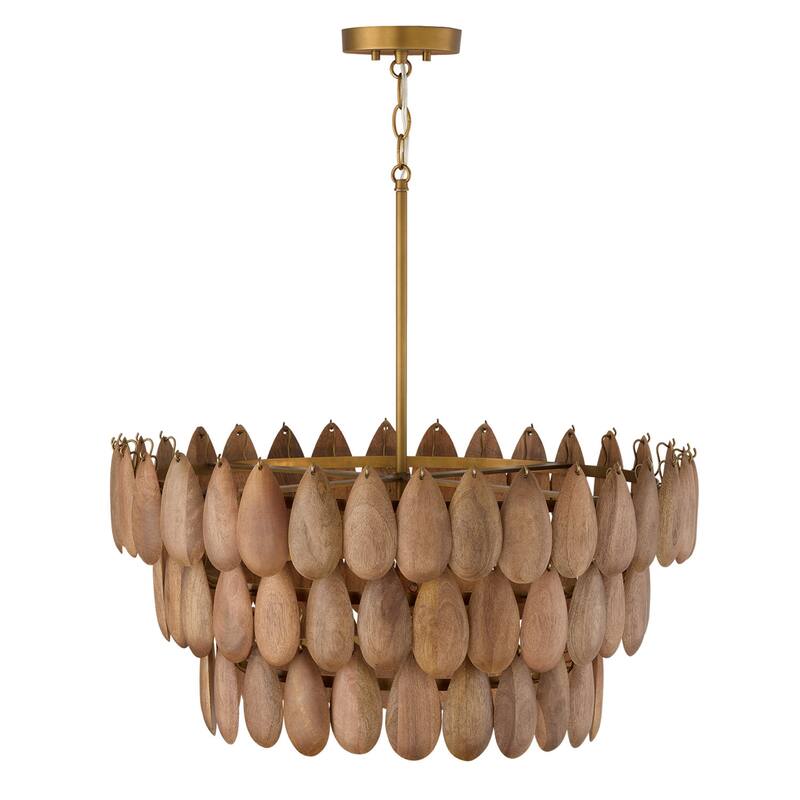 4-Light Pendant in Hand-distressed Patinaed Brass and Handcrafted Mango Wood