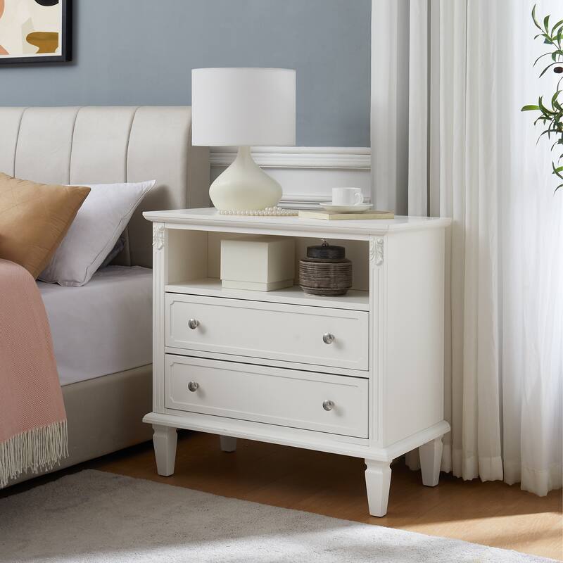 Open Space and 2 Drawers Dresser Nightstand with Charging Station, Farmhouse End Table with USB Ports and Outlets for Bedroom