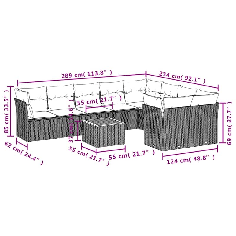 vidaXL Patio Sofa Set with Cushions Outdoor Furniture 10 Piece Poly Rattan - 21.7 x 21.7 x 14.6
