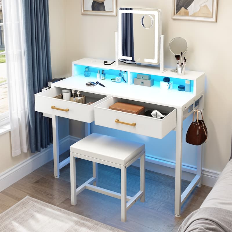 Moasis Vanity Desk with Mirror & Lights, Cream White Makeup Table Set with Stool - 31.5'' W X 21.5''D X 30''H - White - 31.5'' W X 21.5''D X 30''H