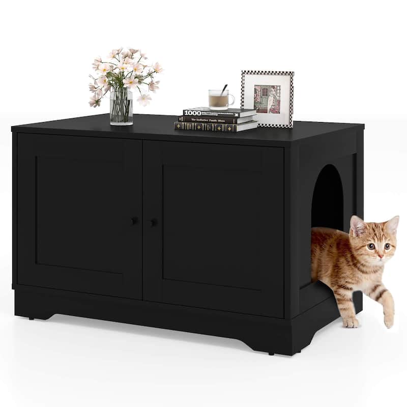 Costway Cat Litter Box Enclosure Furniture with Double Doors Divider - See Details - Black