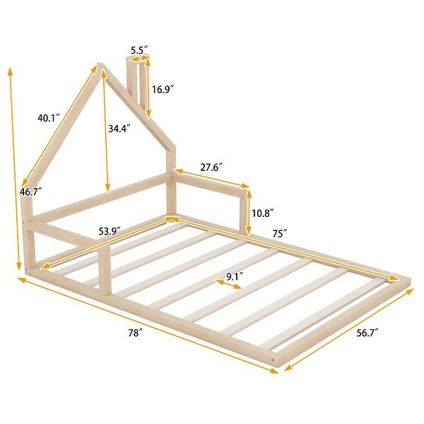 dimension image slide 1 of 2, Wood Floor Bed With House-Shaped Headboard