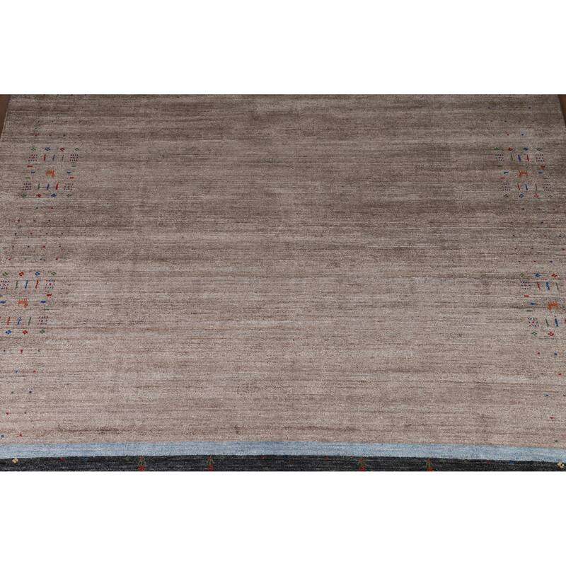 Hand Knotted Oriental Viscose Silk Carpet Tribal Stripe Greys & Charcoal Gabbeh Area Rug - 9' 7'' X 8' 5''