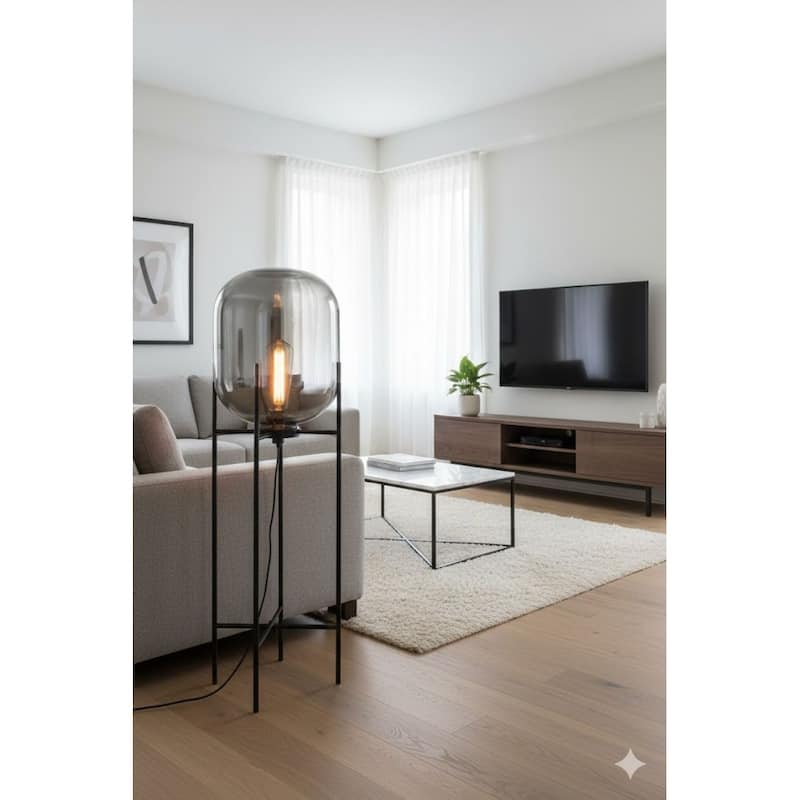 1 Light Matte Black Metal Floor Lamp with Smoke Glass Shade