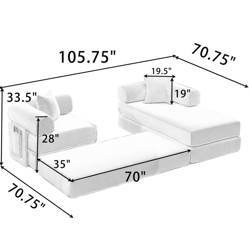 Versatile 7-in-1 Modular Folding Sectional Sofa with Chaise Convertible Corduroy Sleeper Sofa Bed with Removable Storage Bags