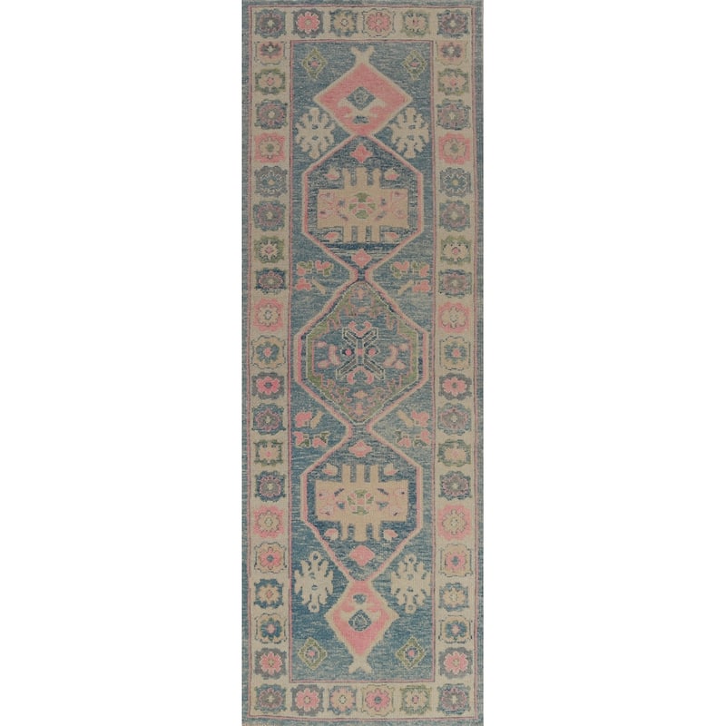 Hand Knotted Oriental 100% Wool Carpet Transitional Geometric Navy Blue & Blues Oushak Runner Rug - 11' 9'' X 3' 3''