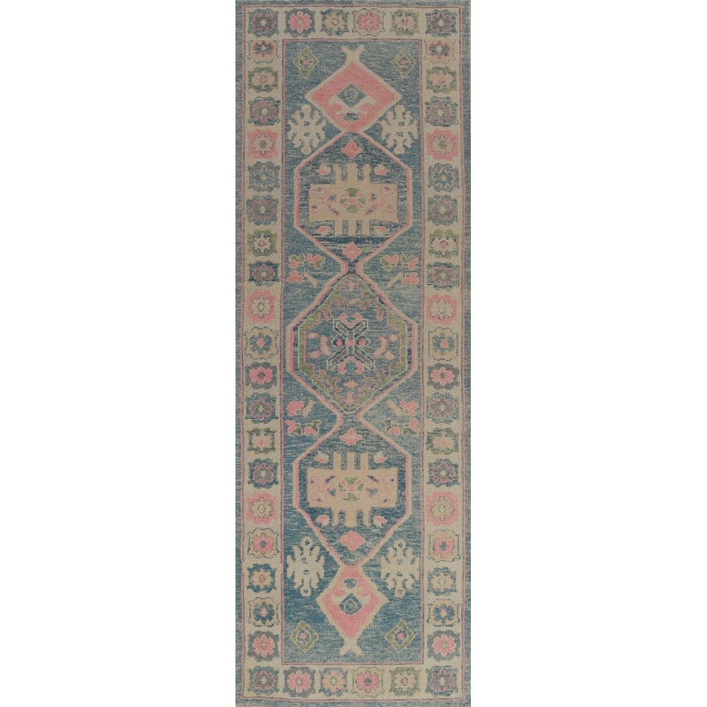 Hand Knotted Oriental 100% Wool Carpet Transitional Geometric Navy Blue & Blues Oushak Runner Rug - 11' 9'' X 3' 3''