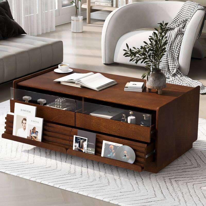 Modern Rectangle Coffee Table with 4 Drawers and 2 Display Shelves, 47.2" Wood Coffee Table with Fluted Style