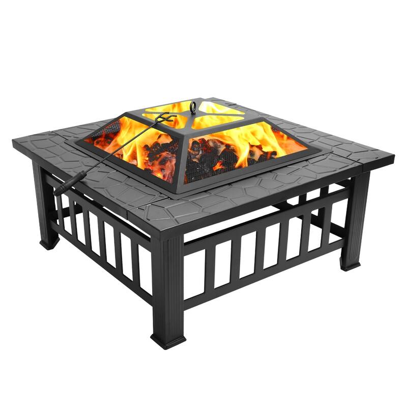 Fire Pit Table 32in Square Metal Firepit Stove Backyard Patio Garden Fireplace for Camping, Outdoor Heating, Bonfire and Picnic - Black
