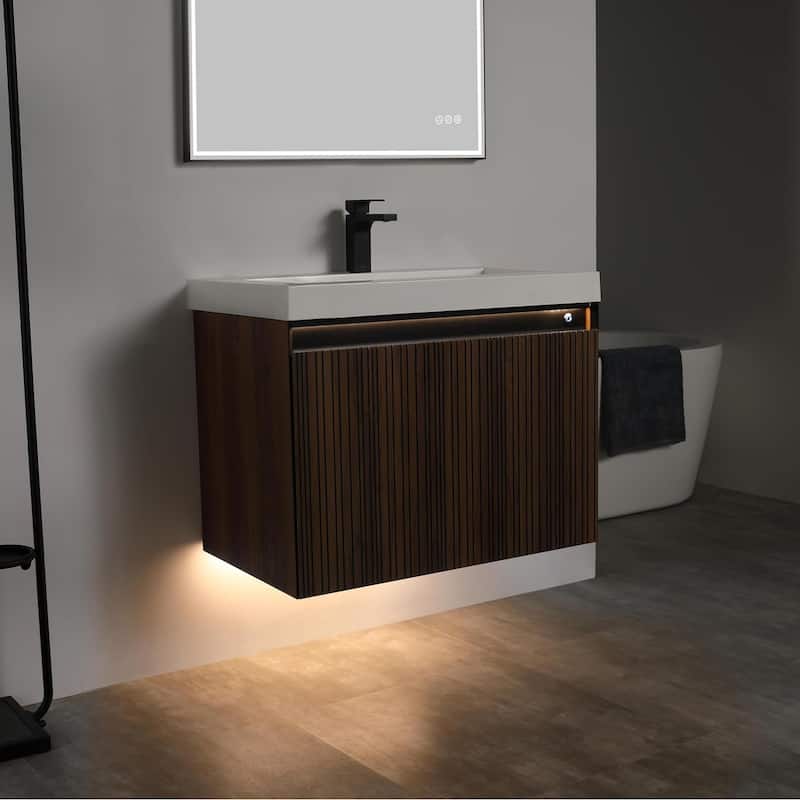 Blossom Lille Brown Walnut Floating Vanity with LED & Acrylic Sink