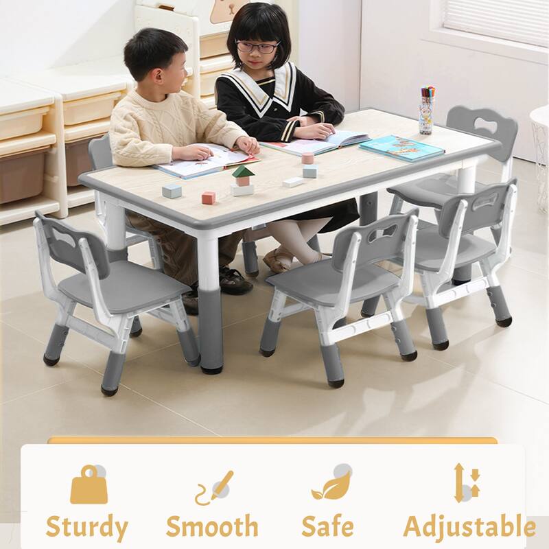 Kids Table and Chairs Set, Height Adjustable Desk with 6 Seats for Ages 2-10