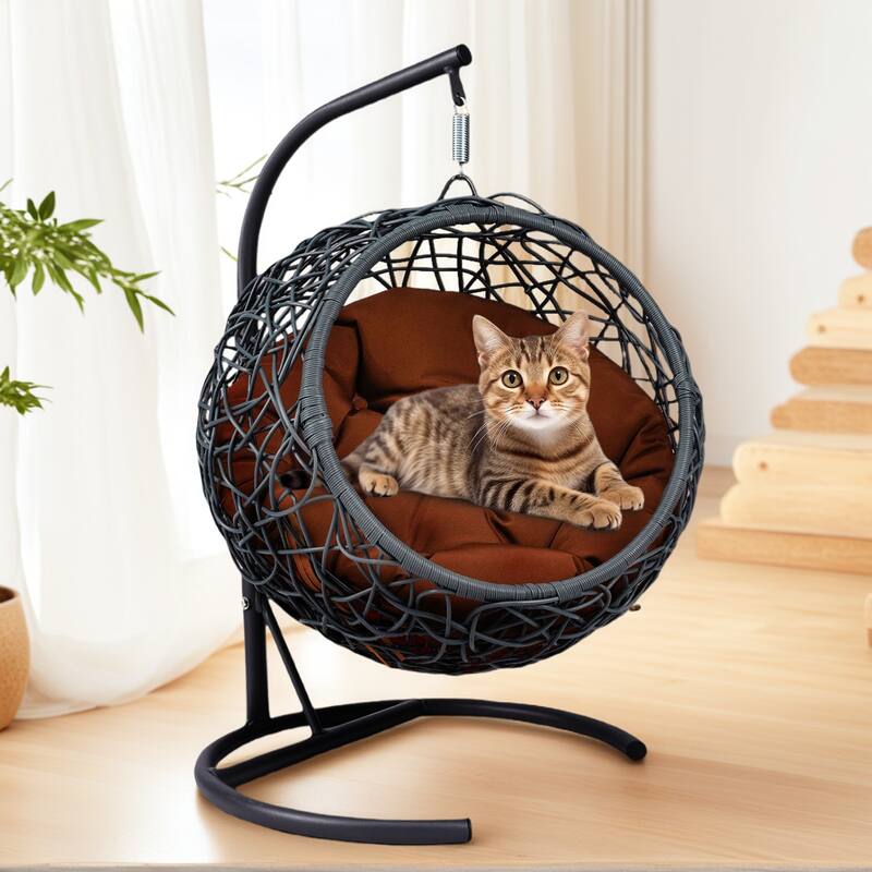Modern Pet Hammock, Rattan Swing Bed with Stand & Removable Cushion, Gift for Cat/Dog Lovers, Space-Saving Indoor-Outdoor
