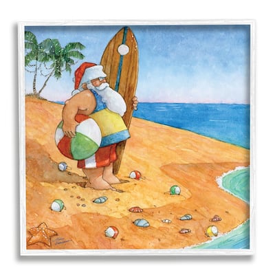 Stupell Santa Claus On Beach Surf Board Tropical Christmas Framed Wall Art - Blue