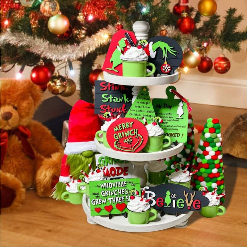 9PCS Christmas Tiered Tray Decor Wooden Signs Table Decorations