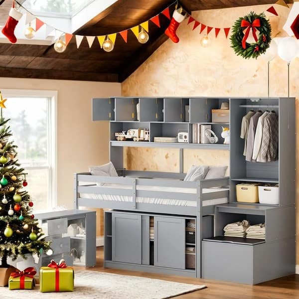 slide 2 of 16, Space-Saving Design Twin Size Wooden Loft Bed Big Storage with Under-bed Desk, with Drawers, with Shelves,White White