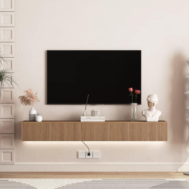 Floating TV Stand Wall Mounted with 16 Color LEDs,69" Modern TV Stand, Floating TV Cabinet Entertainment Center - Wood