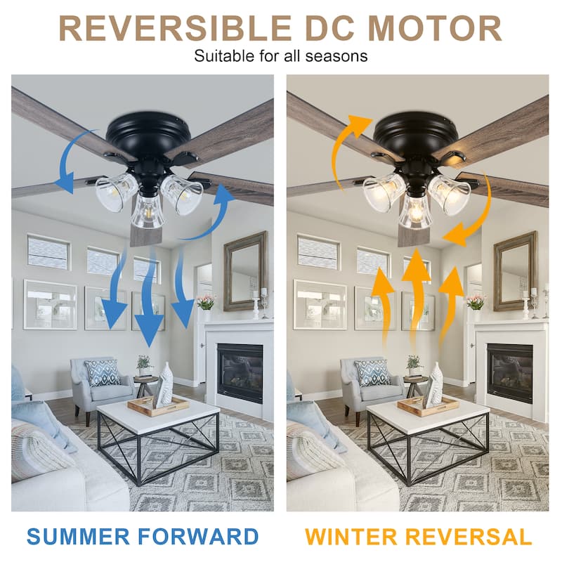 Bella Depot 52" 3-Light Brown Flush Mount Ceiling Fan with Light and Remote Control 6-speed Reversible Timer DC Motor