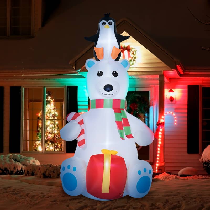 Outsunny 7ft Christmas Inflatable Polar Bear with Penguin on Head with Candy Cane and Gift Box, Blow-Up Outdoor LED Yard - Mixed