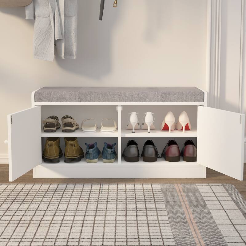 Entryway Bench Shoe Storage Bench with 2 Door Cabinet, Entryway Bench with Shoe Storage and Adjustable Shelves