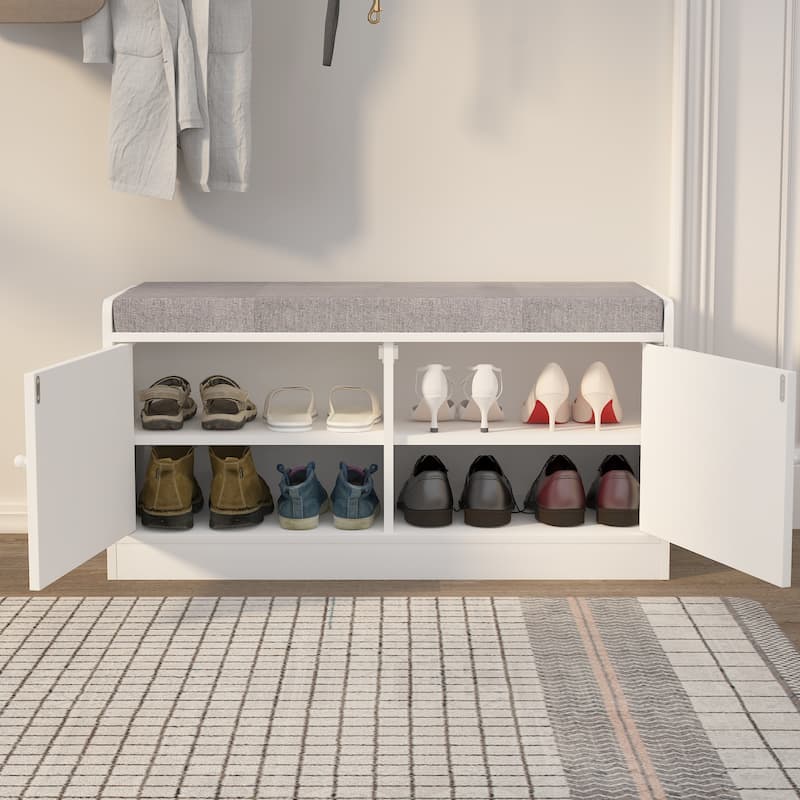 Shoe Storage Bench with 2 Door Cabinet,Entryway Bench with Storage,Shoe Bench with Cushion,Adjustable Shelves,Shoe Rack Bench