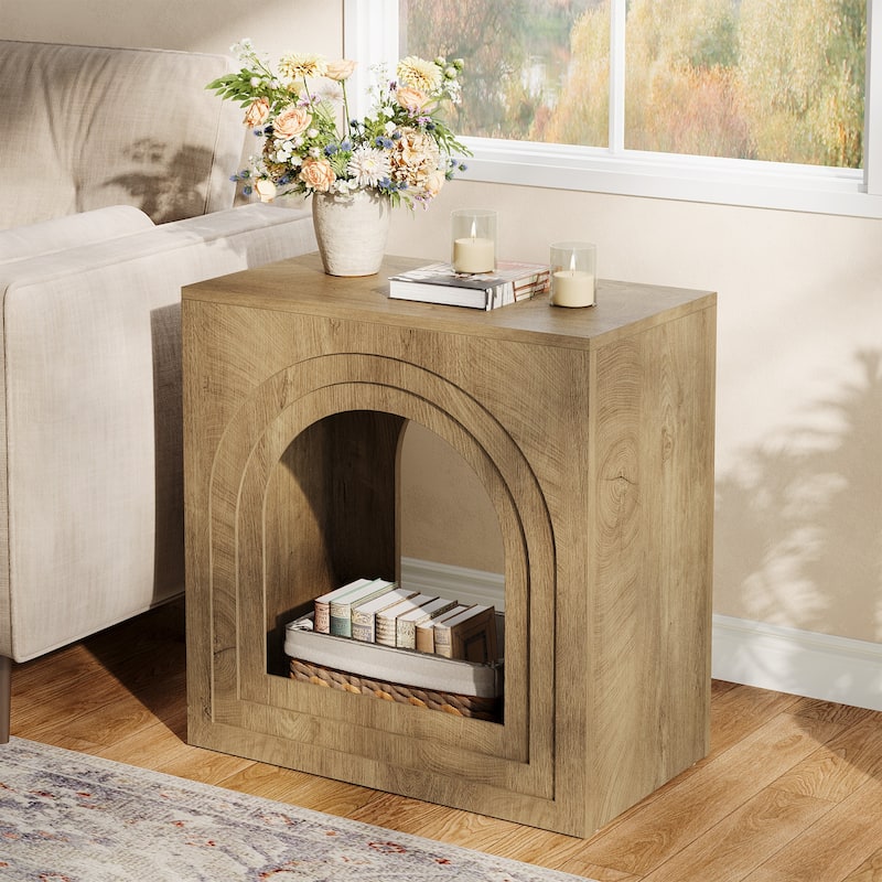 Square Farmhouse End Table, 2-Tier Side Table with Arched Open Shelf
